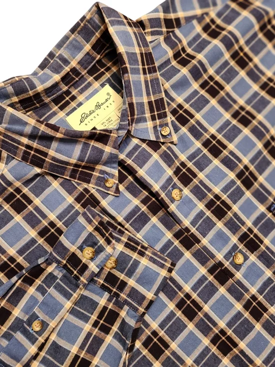Eddie Bauer Men's Size Large Micro-Check Plaid Cotton Button-Down Shirt Office