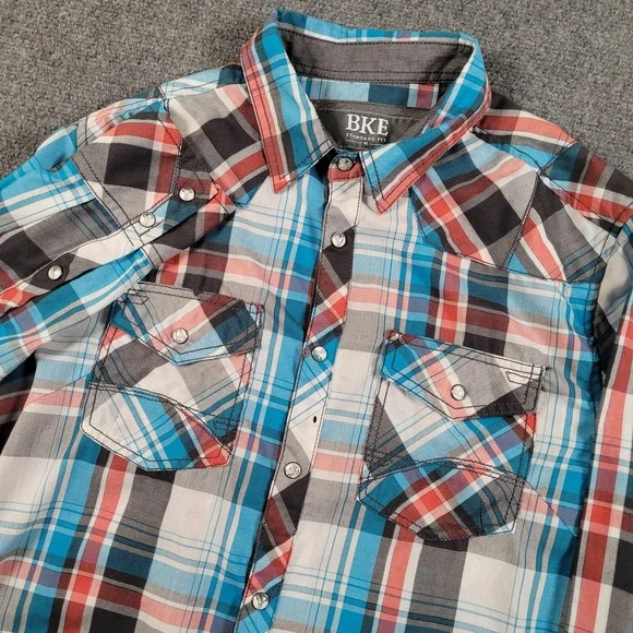 BKE‎ Shirt Mens Medium Blue Red Plaid Western Pearl Snap Long Sleeve Cowboy