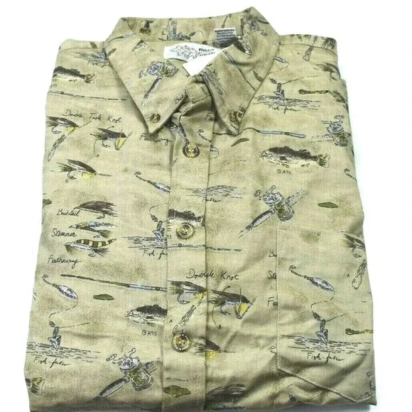 Field & Forest Men's 2XL‎ Fishing Shirt Button Down Tan All Over Print NWT