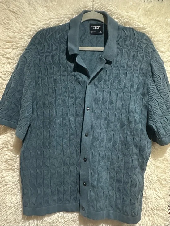 Abercrombie & Fitch Teal Blue Short-Sleeve Knit Button-Up Shirt