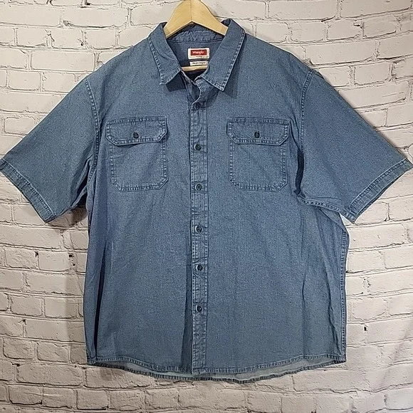 Wrangler Denim‎ Work Shirt Mens 2XL Blue Comfort Flex Americana Rancher Cowboy