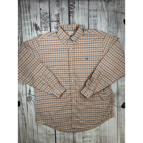 Brooks Brothers Shirt‎ Men's Button Down Striped Plaid Orange Blue Size Large