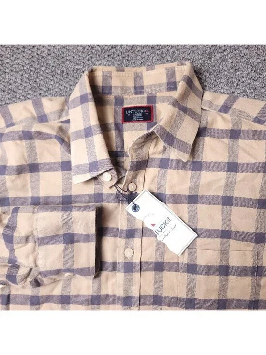 UNTUCKit Barnard Shirt Mens L Large Relaxed Tan Plaid Button Long Sleeve Cotton