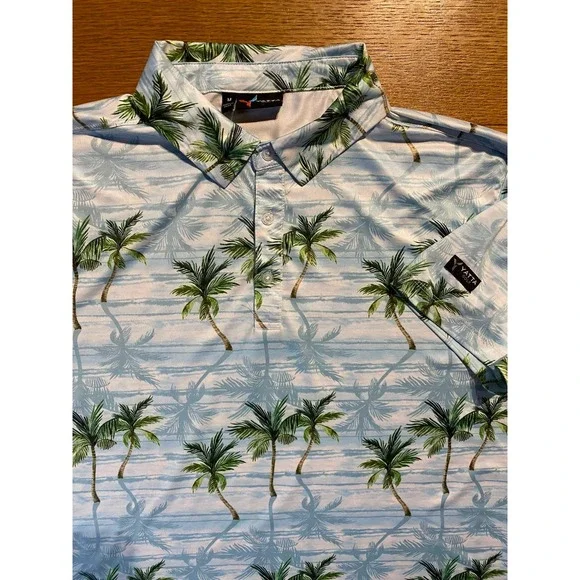 Yatta Polo Shirt Mens M Hawaiian Palm Trees‎ Performance Stretch Blue Golf Prep