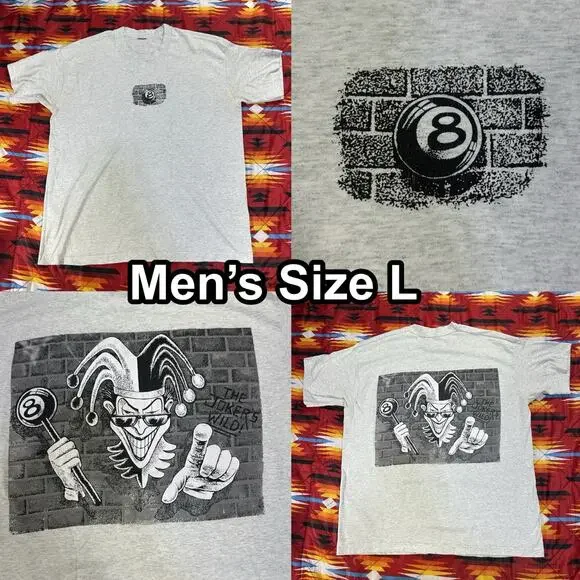 Vintage Jester Clown Gray T-Shirt The Jokers Wild 8 Ball Men’s Size Large