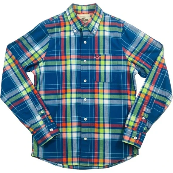 Hollister Button Down Shirt Mens M Madras Plaid Blue Green Orange Long Sleeve