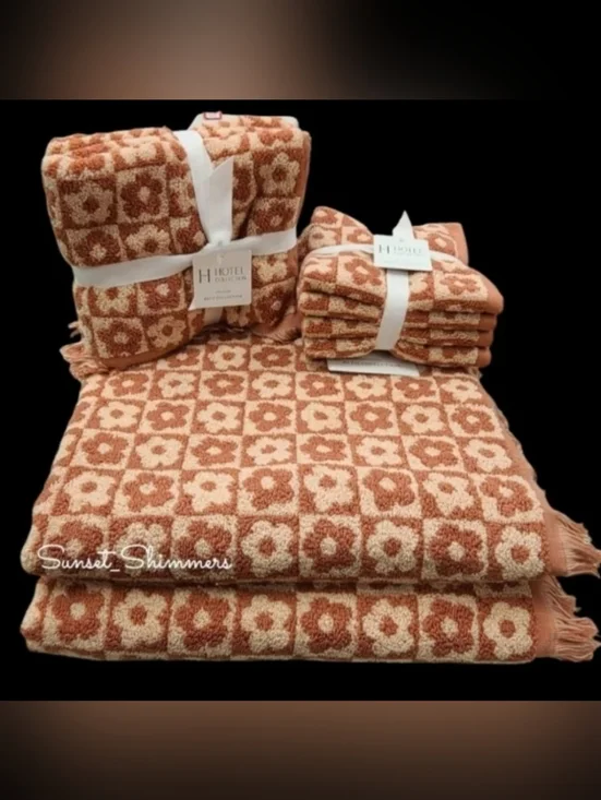 8pc Hotel Collection Fall Bath Hand Washcloth Towel Set Checkered Flowers  NEW