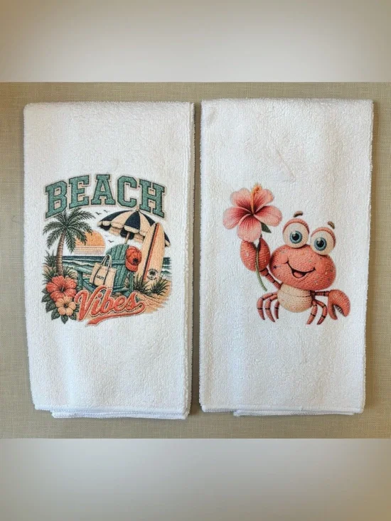 NEW Beach Vibes White Embroidered Hand Towels - Crab & Surf Design