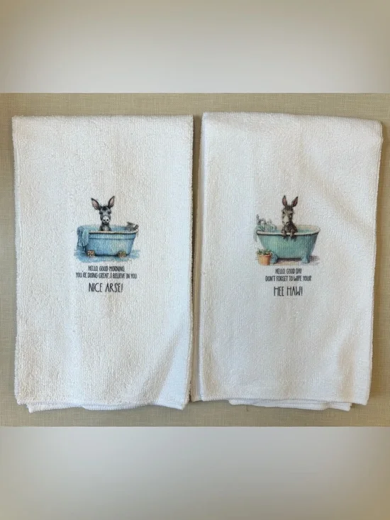 NEW Embroidered Donkey Bath Towels - White with Blue Bathtub Motif
