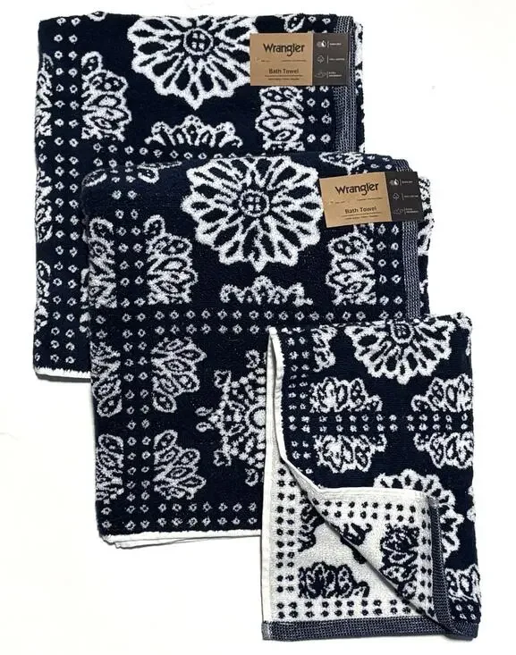 Wrangler Bath Hand Towels Bandana Blue Set Of 3 Pcs Floral White Flowers NWT
