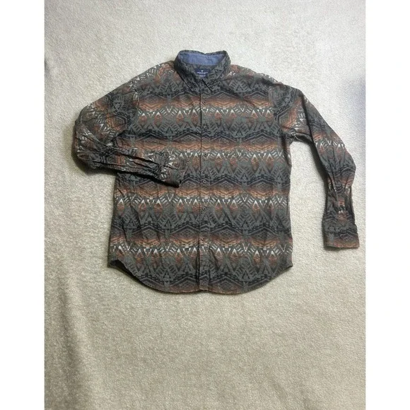 American Eagle Shirt Mens Large Green Orange Aztec Print Button Down Casual Soft