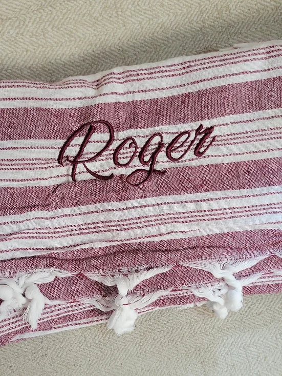 ROGER Personalized Striped Turkish Cabana Beach Bath Towel - Burgundy and White