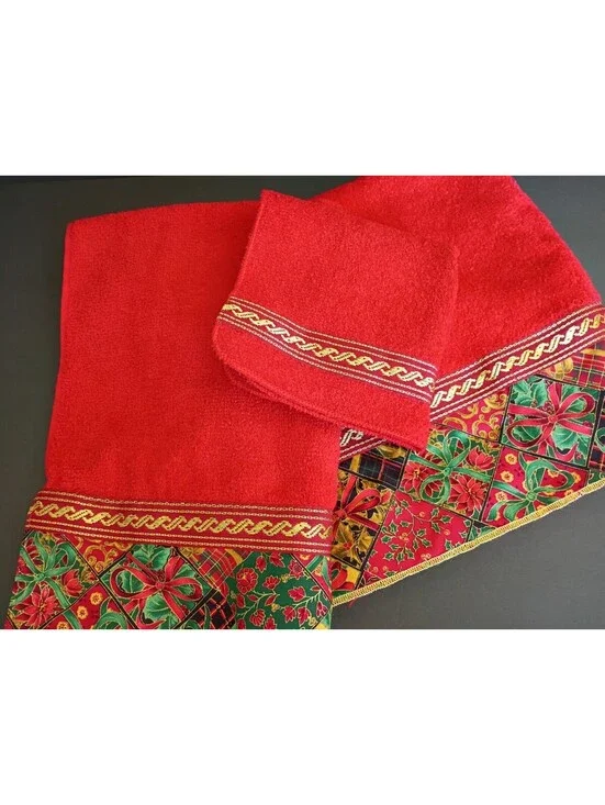 Vintage Cannon Towel Set 3pc Gold Thread Red Ribbons & Bows Floral USA 1980s