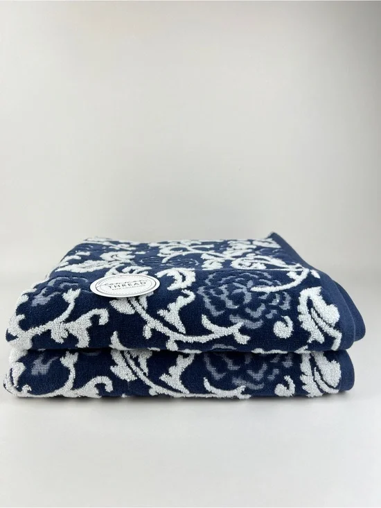 Common Thread Bath Towels Navy Blue White Floral Soft Zero Twist Cotton 2 Pc NEW