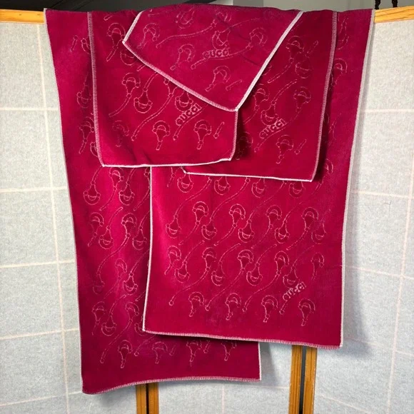 Vintage Gucci‎ Towel Set 5 Piece Burgundy Cotton Horsebit Stirrup Monogram Auth