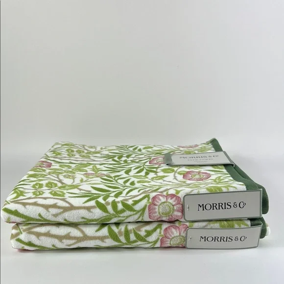 William Morris & Co Bath Towels Green & Pink Floral Sweet Briar Set of 2 NEW