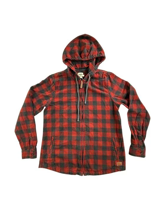 LL Bean Hoodie Mens MT Tall Red Plaid Flannel Full Zip Jacket Anorak Relaxed Fit