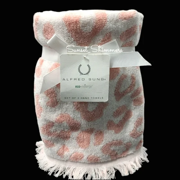 2 Piece Alfred Sung Pink White Leopard Print Hand Towel Set