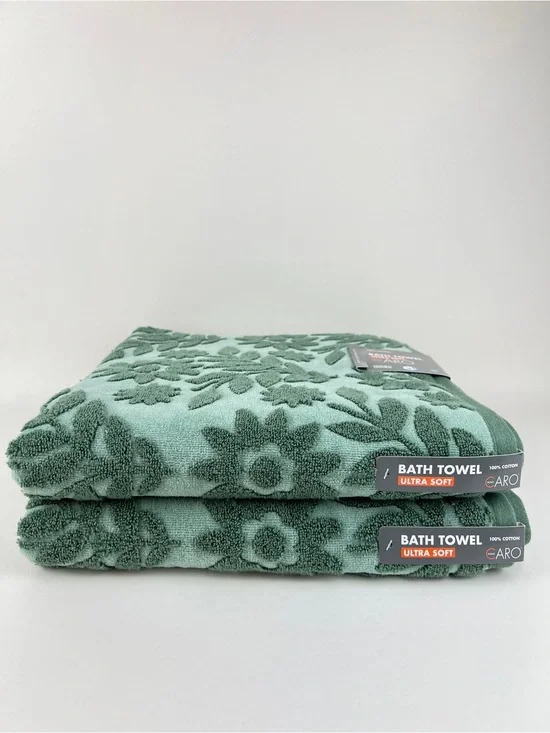 Caro Home Bath Towels Green Floral Embroidered Ultra Soft Cotton 2 Pc NEW