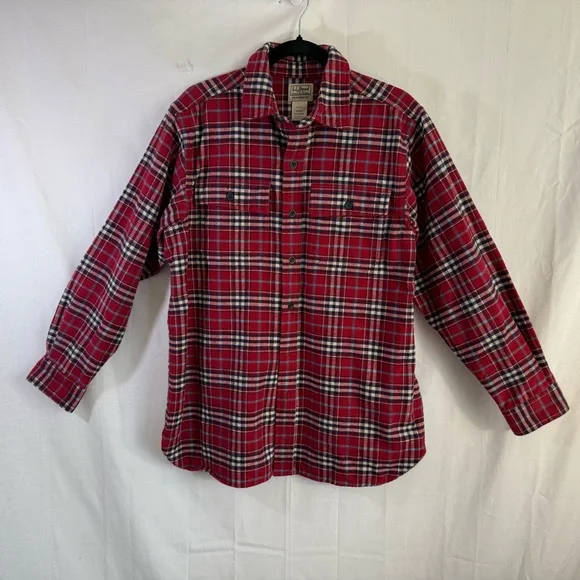 L.L. Bean Red and‎ Blue Plaid Cotton Flannel Shirt Size Mens Medium