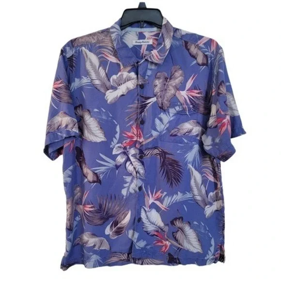 Tommy Bahama Bird's Eye View Floral Silk Hawaiian Shirt Large Resort Button Camp