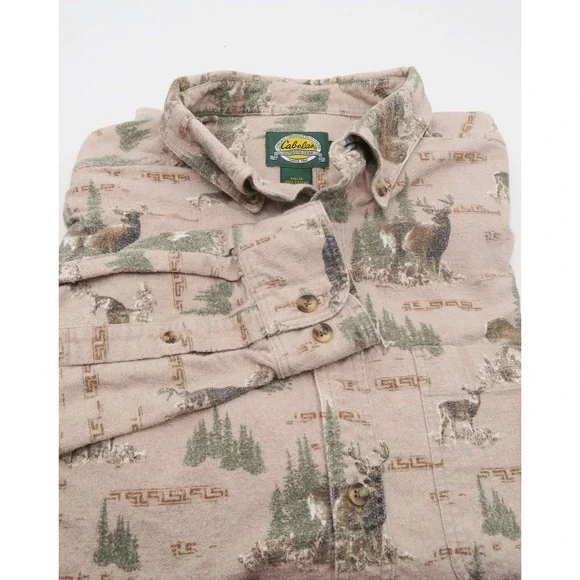 Cabelas Mens‎ XL Flannel Shirt Tan Deer Wildlife Print Cotton Button Down 902149