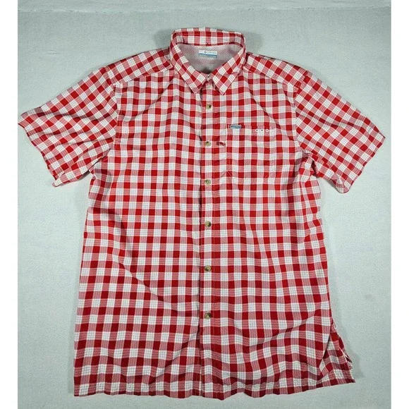 Columbia Mens Large Red‎ Gingham Plaid Short Sleeve Vented Fishing Hiking Shirt