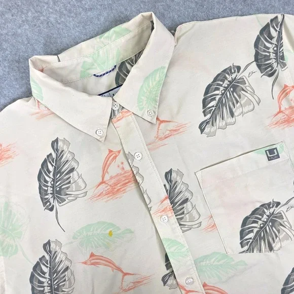 Huk Men's XXL Beige‎ Tropical Marlin Palm Leaf Button Down Shirt H1500192-106