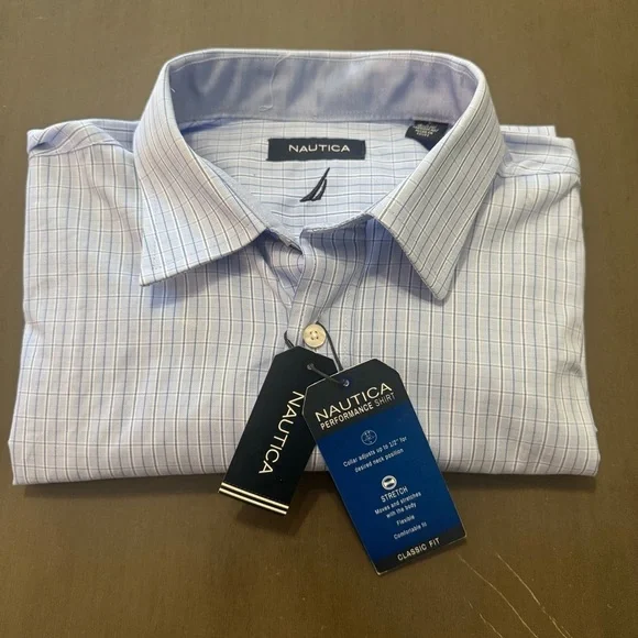 NWT Nautica Performance Stretch Men’s Dress Button-Up Shirt Large 16 32-33