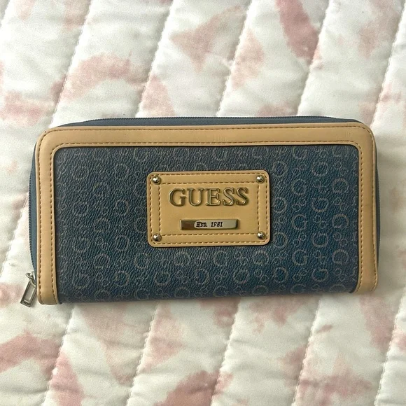 GUESS Navy Blue and Tan Logo Zip-Around Wallet
