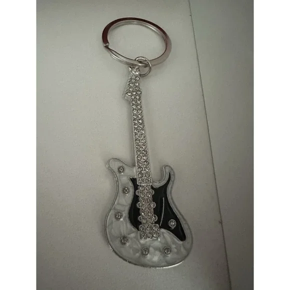 Guitar Rhinestone Keychain Silver Bling Crystal Purse Charm Keyring