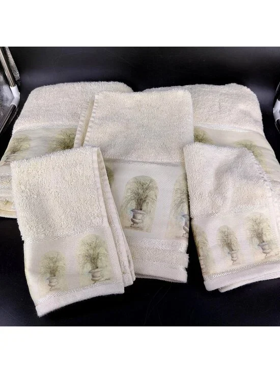 Croscill Beige Cotton Towel Set Bath Hand Finger Botanical Fresco Grasses 5 pc
