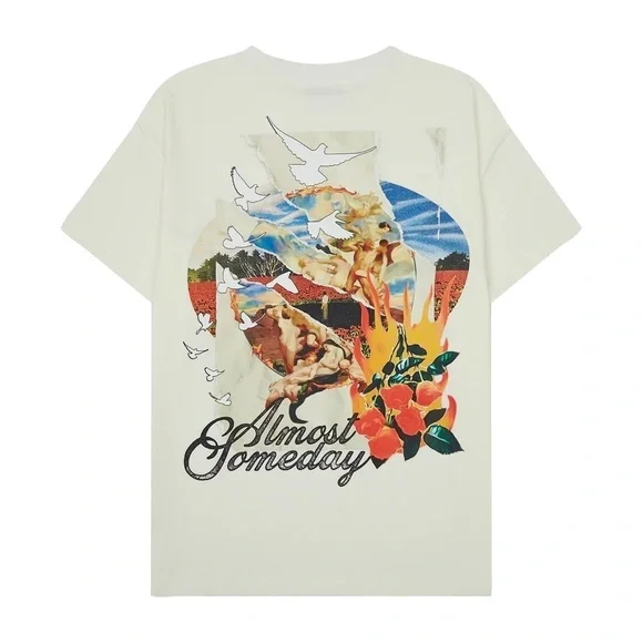 Almost Someday Distressed Purgatory Short Sleeve Tee-Shirt, Cream, Size L,‎ NWT