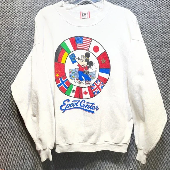 Vintage Disney Designs Epcot Center Mickey Mouse Flag Sweatshirt White‎ XL USA