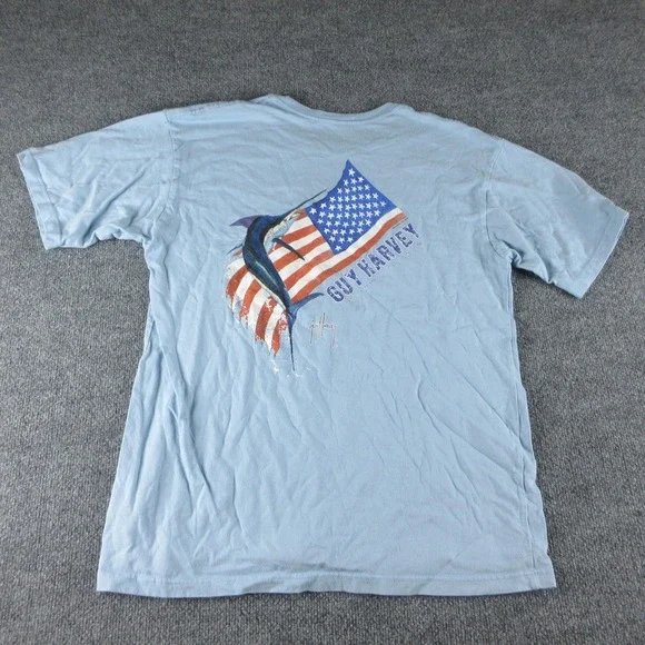 Guy Harvey Shirt Mens Large Blue American Flag Fish Patriotic Graphic Tee