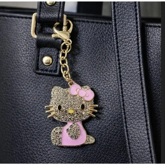 Hello Kittty Gold Rhinestone Pink Bag Charm Key Chain New
