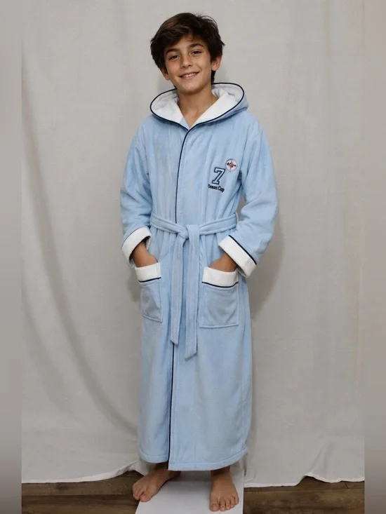 Kids Hooded Bathrobe 100% Cotton Blue 10-12Y Soft Terry Robe Belted