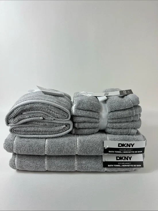 DKNY Bath Towel Set Eco Melange Light Gray White Soft Cotton Set of 8 NEW