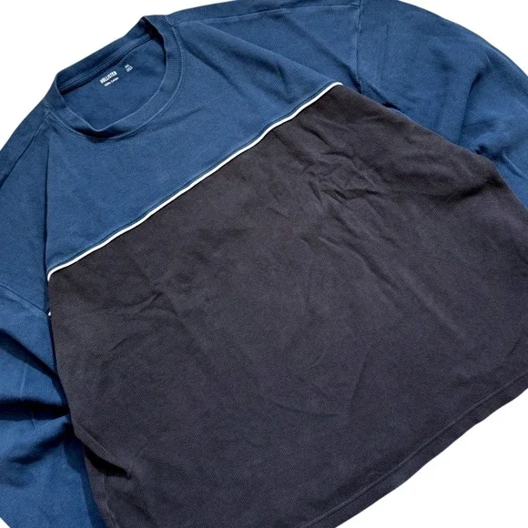 Hollister Mens XXL Blue Grey Colorblock Ribbed Long Sleeve‎ Cotton T-Shirt