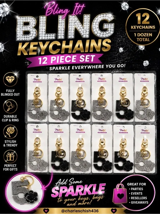 Bling It! 12-Piece Sparkle Number 5 Keychain Set — Black/Silver