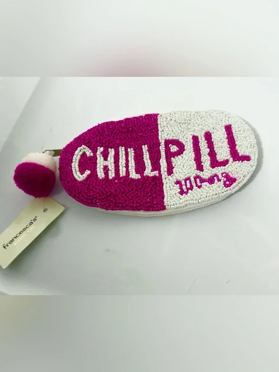 Francesca's Collections Pink & White Chill Pill' Beaded Zip Pouch Coin bag Pouch