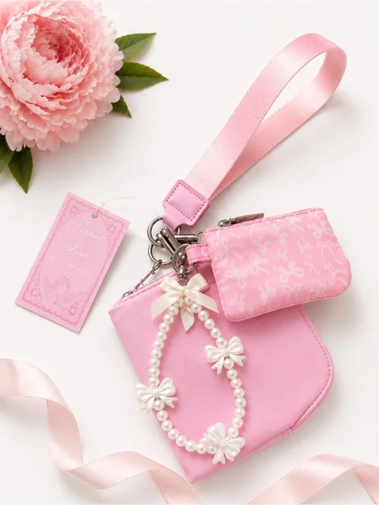 Pink Dual Wristlet Keychain Coin Pouch Card Holder Pearl Bow Charm NWT