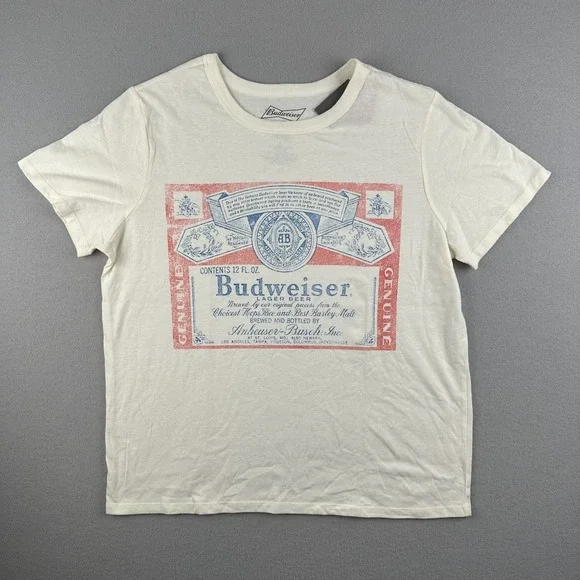 Budweiser Shirt Men's Large White Beer Label Graphic Tee Hybrid Apparel NWT