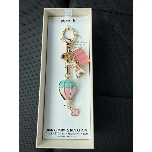 Piper‎ K Paris Bag Charm Keychain Hot Air Balloon Eiffel Tower Pink Gold NIB