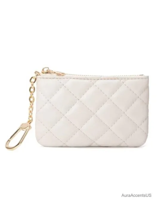 Quilted Faux Leather Coin Purse with Keychain Small Pouch Card Holder