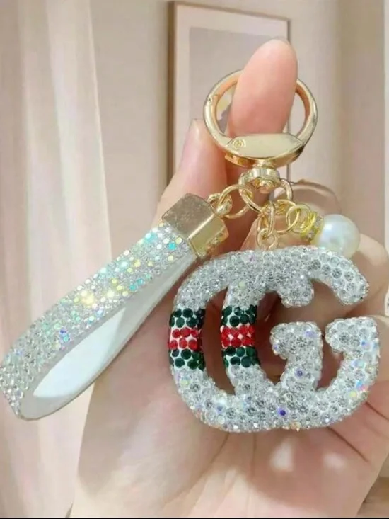 Sparkling white Crystal Double-G Keychain Wristlet bag charm nwt