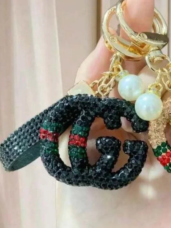 Luxury BLACK Rhinestone Interlocking G Keychain bag charm nwt