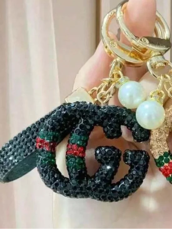 BLACK Crystal GG Logo Keychain Gold with Pearl Accents NWT