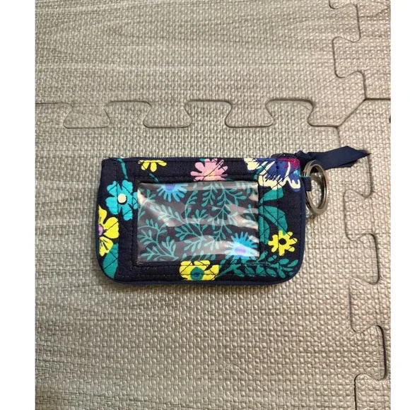 Vera Bradley Quilted Floral ID Case Keychain Wallet Navy Blue Teal Yellow 5x3