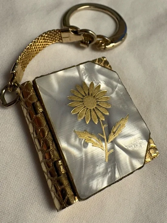 Vintage Mother of Pearl Mini Perfume Holder Book Keychain Gold Floral Compact